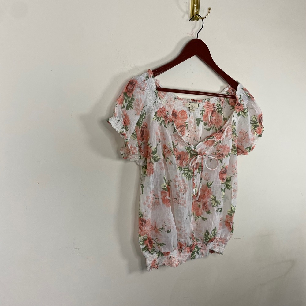 Y2K Floral Rose Print Top Womens Puff Sleeve Tie Smocked Sheer‎ Blouse Coquette - Picture 3 of 7